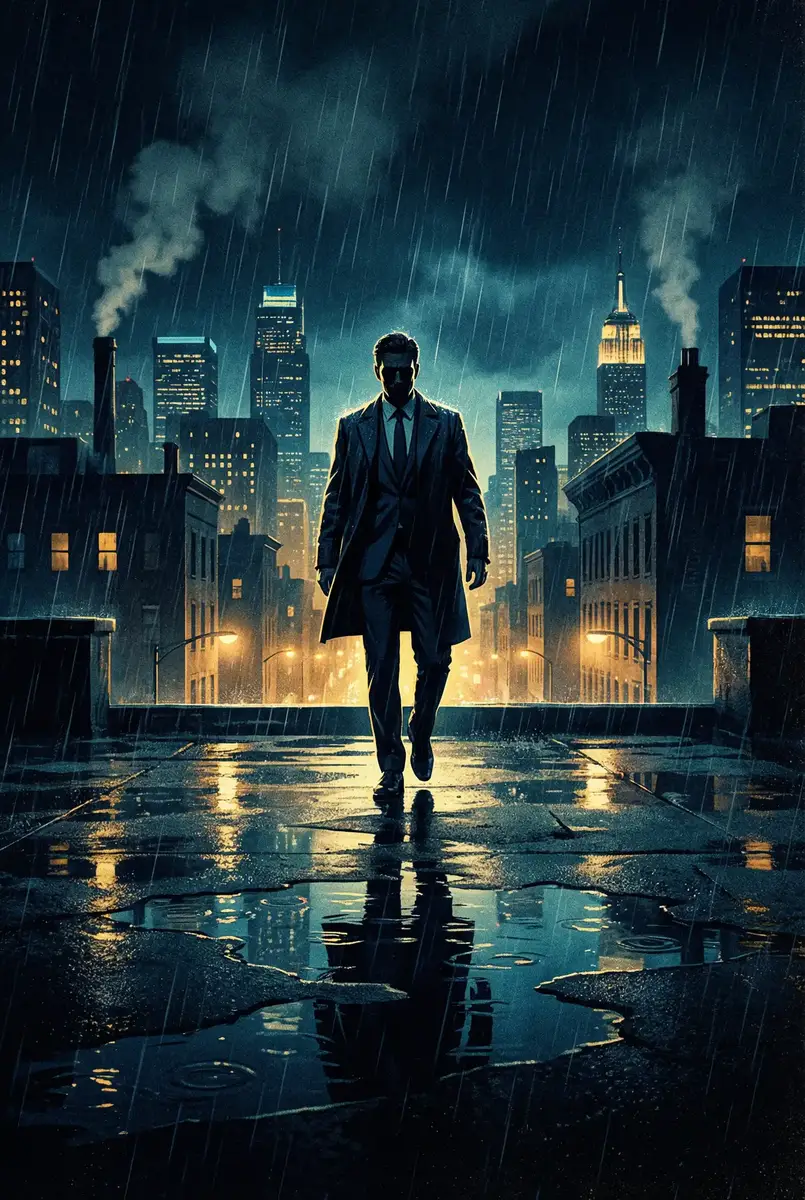 输卵管 出品影片《雨夜独行者》海报，雨中城市屋顶男性剪影